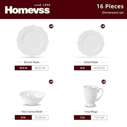 HomeVss, New Bone China Dinnerware Set, Embossed Lotus, 16pc Set - color: Lotus, size: Service for 4 - 16pc Set