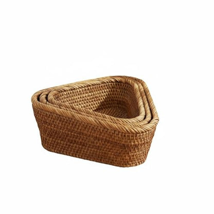 3 Pieces Industrial Basket Triangle Woven Basket Set Nesting Basket Decorative Organizer Serving Basket Rattan Detail suitable for kitchen island, Round Edge SET