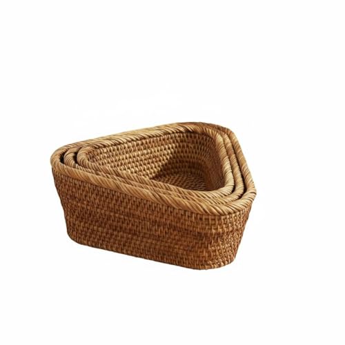 3 Pieces Industrial Basket Triangle Woven Basket Set Nesting Basket Decorative Organizer Serving Basket Rattan Detail suitable for kitchen island, Round Edge SET