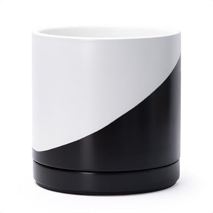 D'vine Dev 10 Inch Ceramic Planter Pot, Black White Diagonal, 94-O-E-K | Modern Cylinder Design, Drainage Hole & Saucer Included, Stable Structure, Elegant Home Accent - color: Oblique Monochrome Black & White, size: Large