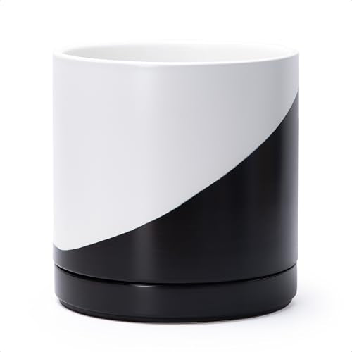 D'vine Dev 10 Inch Ceramic Planter Pot, Black White Diagonal, 94-O-E-K | Modern Cylinder Design, Drainage Hole & Saucer Included, Stable Structure, Elegant Home Accent - color: Oblique Monochrome Black & White, size: Large