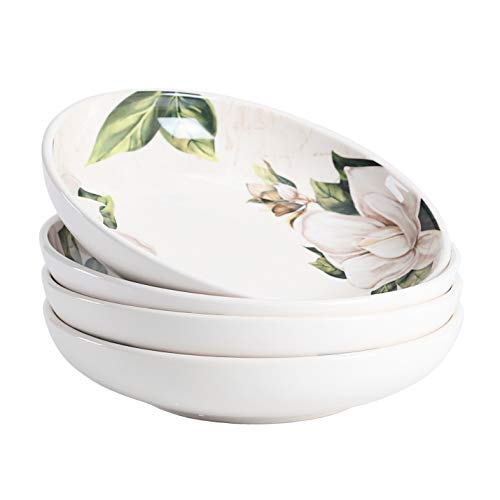 Bico Magnolia Floral Pasta Bowls, 35oz Salad Bowl Set of 4, Large Ceramic Serving Dinner Bowls for Soup and Cereal, Microwave and Dishwasher Safe, Gift for Housewarming and Thanksgiving - color: Magnolia Floral