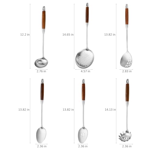 Izurok 18/10 Stainless Steel Kitchen Utensils Set,6 Piece Cooking Utensils With Wood Handle,Heat Resistant Kitchen Tool Set With Spatula, Spoon, Ladle, Skimmer, Slotted Spoon, Pasta - color: SILVER-6 Pieces, size: Small