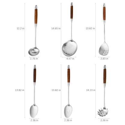 Izurok 18/10 Stainless Steel Kitchen Utensils Set,6 Piece Cooking Utensils With Wood Handle,Heat Resistant Kitchen Tool Set With Spatula, Spoon, Ladle, Skimmer, Slotted Spoon, Pasta - color: SILVER-6 Pieces, size: Small
