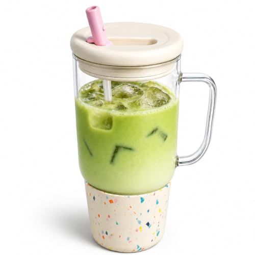40oz Glass Tumbler with Flip Straw Lid, Handle, Silicone Sleeve, Beige | Leakproof Lid, Fits Car Cup Holder Glass for Iced Coffee, Water, Cold Drinks, Travel, Outdoor, Partys&Home - color: White