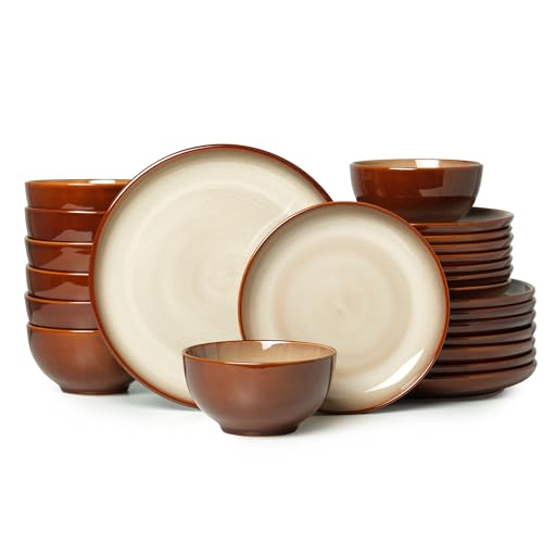 24 Piece Dinnerware Sets for 8, Modern Stoneware Plates and Bowls Sets, Perfect for Family Gatherings & Holiday Celebrations, Easy Cleaning Dish Set, Stack Compactly Dinner Set, Brown Yellow - color: Brown Yellow, size: 24pcs (for 8)