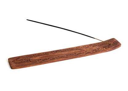 Incense Garden Wood Incense Holder - Carved Wooden Ash Catcher - Hand Stained - 10 inches Long (Brown)