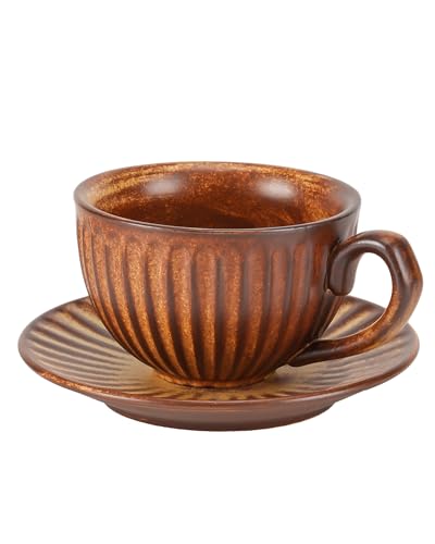 Vintage Design 11 oz Ceramic Latte Art Cappuccino Barista Cup with Saucer,Porcelain Vintage Embossed Tea Cup for Espresso,Coffee Bar, Brunch,Home Kitchen,Cups Are Microwave and Dishwasher Safe - color: Vintage Latte