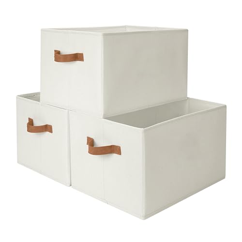 StorageWorks Closet Storage Bins with PU Handles, Ivory White, Extra Large | Foldable Storage Bins with PU Handles, Closet Storage Baskets, Fabric Bins for Clothes Storage - color: Ivory White, size: Extra Large