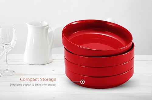 KooK Ceramic Large Pasta Bowls, Microwave and Dishwasher Safe, Great for Soups and Salads, Shallow Serving Bowls, Glossy Porcelain, 47 oz, Set of 4, Cherry Red - color: Cherry Red