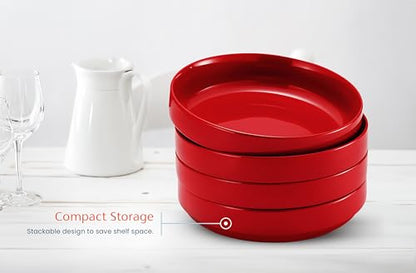 KooK Ceramic Large Pasta Bowls, Microwave and Dishwasher Safe, Great for Soups and Salads, Shallow Serving Bowls, Glossy Porcelain, 47 oz, Set of 4, Cherry Red - color: Cherry Red