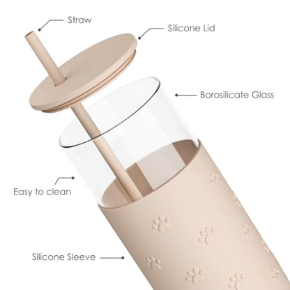 SANDJEST Glass Water Bottle with Silicone Sleeve 20oz, Glass Tumbler with Straw and Lid, Smoothie and Iced Coffee Cup, Pawprint Gifts for Women Teen Girls Birthday Christmas - color: Pawprint
