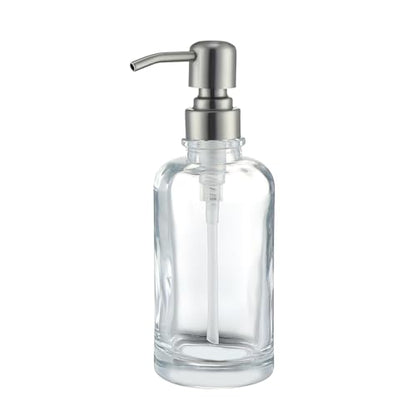 Clear Glass Soap Dispenser with Brushed Nickel Pump, 11 OZ Liquid Soap Dispenser Cylindrical with Stainless Steel Pump for Dish Hand Soap Bathroom Kitchen Vanity Countertop - color: Brushed Nickel, size: 11 oz