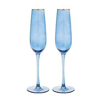 Vikko Champagne Flutes, 8.5 Ounce Toasting Champagne Flute, Blue with Gold Rim Crystal Clear Champagne Glasses, Set of 2 Elegant Sparkling Wine Glasses