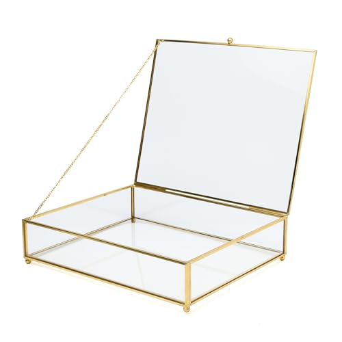 Vintage Glass Jewelry Box Keepsake Box with Hinged Lid, Clear Rectangle Storage Box Great for Storage Trinket/Jewelry/Card/Photo,Gift for Birthday Wedding-GCB009-Large - color: Glod/Rectangle, size: Large
