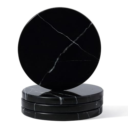 Marble Coaster Set of 4, Round Coasters, 4" Stone Coaster for Drinks Coffee, White Marble Coasters for Coffee Table Home Bar Decor, Heat Resistant, Gift Choice(Black) - color: 4 Pcs-neromarquina
