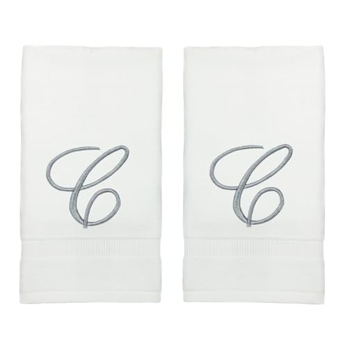 Monogrammed Fingertip Towels, Personalized Gift, 11 x 18 Inches - Set of 4 - Silver Script Embroidery - Extra Absorbent 100% Turkish Cotton- Soft Terry Velour- for Bathroom, Kitchen and Spa- C White - style: Initial C