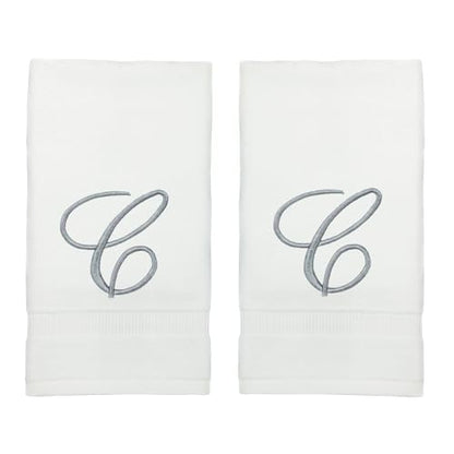 Monogrammed Fingertip Towels, Personalized Gift, 11 x 18 Inches - Set of 4 - Silver Script Embroidery - Extra Absorbent 100% Turkish Cotton- Soft Terry Velour- for Bathroom, Kitchen and Spa- C White - style: Initial C