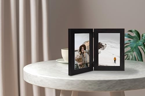 Black Double Photo Picture Frame 6 x 4, Holds 2 Standard Photographs, Freestanding, Twin Hinged 6x4 10 x 15 cm Picture Frames，Glass Front Stand Vertical on Desktop - color: Black, size: 2x46