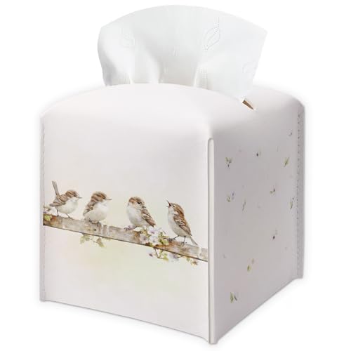 Spring Watercolor Bird Tissue Box Cover Square - Wildfloral Leather Tissue Box Holder - Facial Paper Organizer Dispenser for Home Bathroom Vanity Countertop Night Stands Supplies & Decor - B01