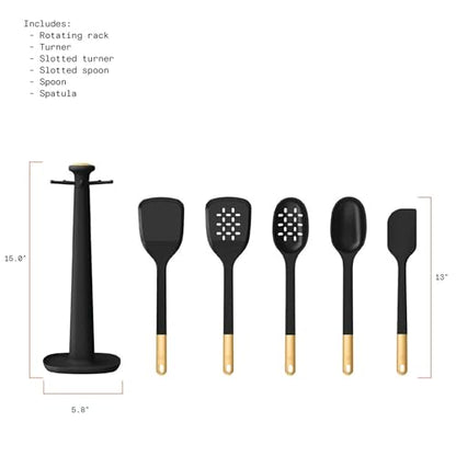 6 Piece Silicone Kitchen Utensil Set with Rotating Holder, Heat Resistant Cooking Tools, Nonstick Safe Spatula Spoon Turner Set with Storage Rack (Black Sesame) - color: Black Sesame