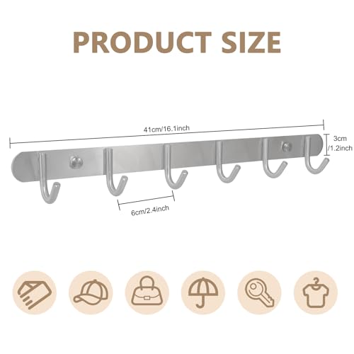 Coat Hook Rack Wall Mounted - Sagmoc Towel Hook Rail with 6 Round Hooks/16-inch/304Stainless Steel Brushed Nickel/Super Easy Installation/Rust and Water Proof/Perfect Home Storage & Organization - size: 6R hooks