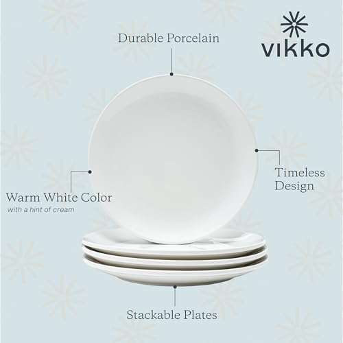 Vikko Dinner Plate, Set of 6 White Plates, 9 Inch Ceramic Dinner Plates Set, Stackable Dinner Plates for Every Day and Special Occasion, Restaurant Style, Dishwasher Safe, Microwave Safe - size: 9" Dinner Plate