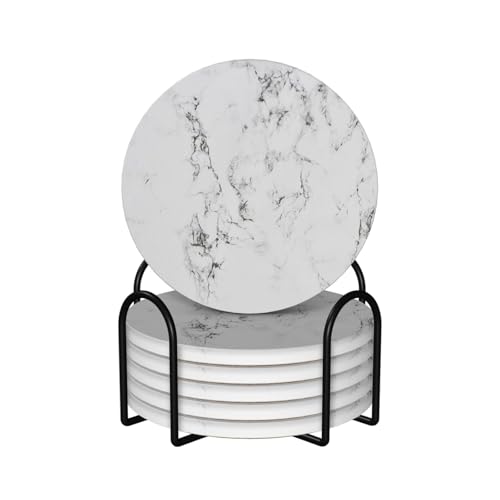 Marble 6 Pcs Ceramic Coaster Set with Holder/Absorbent Cork Abstract Luxury Modern Dark White and Gray/Grey Ombre Marble Round Cup Drink Coasters Set for Coffee Table Bar Wine Beer Protect - color: White Grey Marble, size: Round