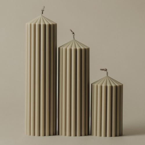 LAWA Ribbed Peak Pillar Candle - Large Beautiful Handmade Pillar Scented Soy Wax Candle Elegant Bubble Aesthetic Candle Housewarming Gift Home Room Shelf Decor Idea White (Set of 3, Olive Beige) - color: Olive Beige, size: Set of 3