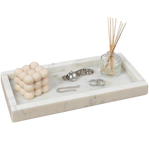 happimess Luxe Stone Rectangular Bathroom Tray 12" x 6", White Marble | Polished Classic Minimalist Storage Decor, Display Coffee Table Serving Platter, Waterproof Scratch-Resistant - color: White Marble