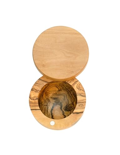 Berard Handcrafted Salt Keeper with Magnetic Lid, 4" Round, Olive Wood