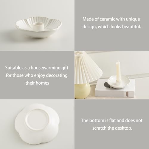 Ceramic Taper Candle Holder, 4.72 in Polished Round Base Tray | Use with incense or palo santo to create a calm tabletop setting for dinners, meditation or seasonal displays. - color: White