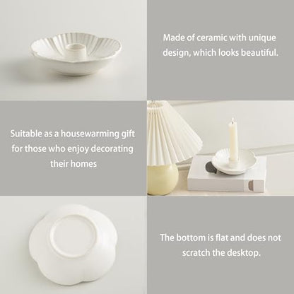 Ceramic Taper Candle Holder, 4.72 in Polished Round Base Tray | Use with incense or palo santo to create a calm tabletop setting for dinners, meditation or seasonal displays. - color: White