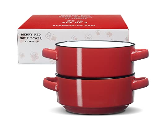 ECODECO Ceramic Soup Bowls with Handles – Set of 2 (16 oz) – Red | Oven & Microwave Safe – Gift Boxed – Ideal for French Onion Soup, Baked Meals & Housewarming Gifts - color: Red