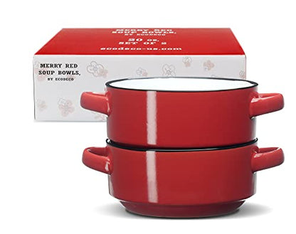 ECODECO Ceramic Soup Bowls with Handles – Set of 2 (16 oz) – Red | Oven & Microwave Safe – Gift Boxed – Ideal for French Onion Soup, Baked Meals & Housewarming Gifts - color: Red