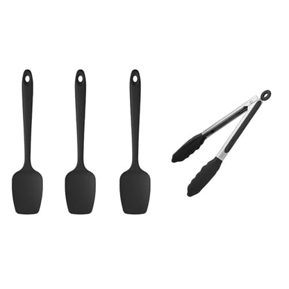 U-Taste 600ºF Heat Resistant Food Grade Silicone Spoon Spatula Set of 3, and 480℉ Heat-Resistant Food-Grade Non-Stick Firm Cooking Tong 9 inch (Black)