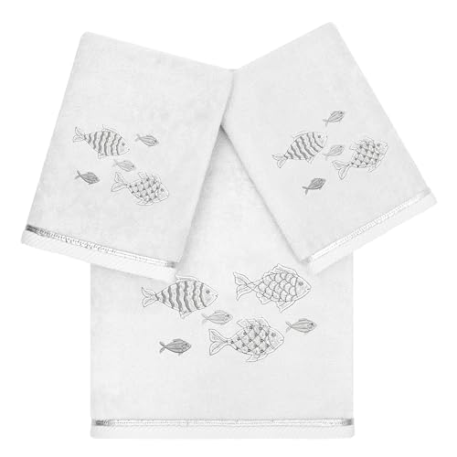 Treasure 3-Piece Towel Set, Embroidered Fish Design, 100% Turkish Cotton, Luxuriously Soft & Absorbent, Elegant Coastal Decor, 1 Bath 2 Hand Towels, Silver - color: Silver, size: 1 Pc Bath 2 Pcs Hand Towel