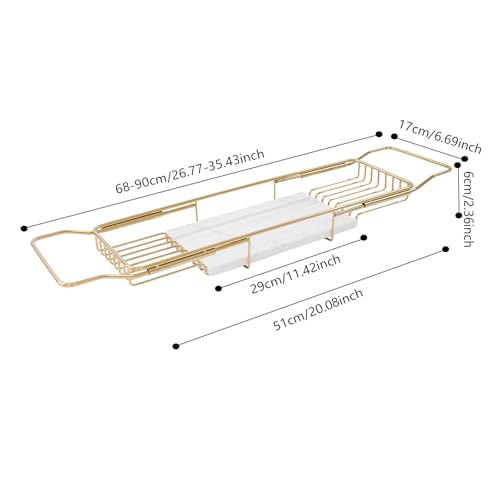 Expandable Stainless Steel Bathtub Caddy Tray, Adjustable Over Tub Rack Marble Board Anti-Slip Groove Raised Guardrail Modern Bath Organizer for Home Hotel Bathroom Use (Gold + White) - color: Gold + White