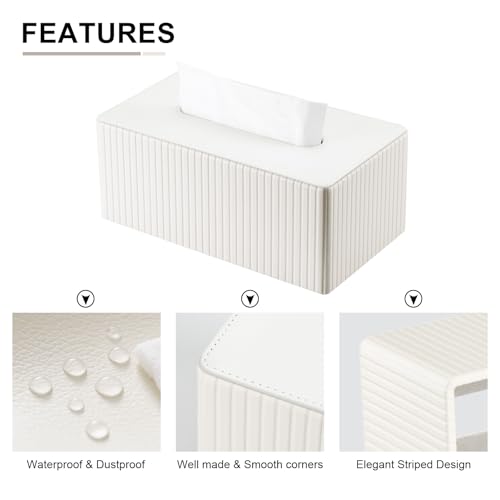 PU Leather Tissue Box Cover Rectangular Tissue Box Holder with Magnetic Bottom, Napkin & Facial Tissue Holder Dispenser for Home, Office for Standard 120-count/160-count (2-Ply) White Stripe - color: Off-white Stripe
