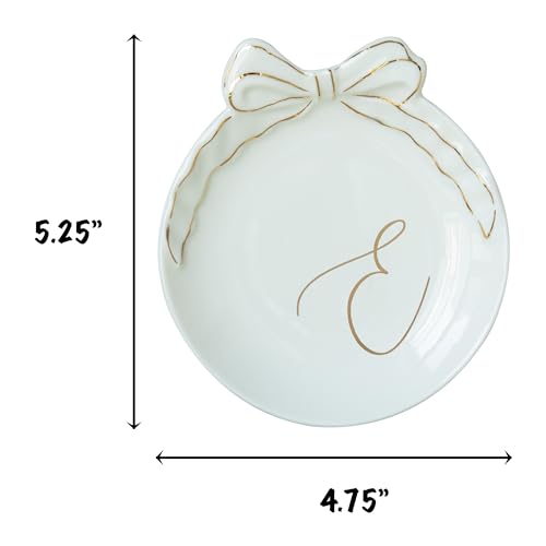 COLLECTIVE HOME Ceramic Jewelry Tray, Monogram Trinket Dish with Bow (E) | Mothers Day Graduation Christmas Birthday Gifts for Women, Bridesmaid Proposal Gifts, Features Real Gold Trim & Gift Box - color: E