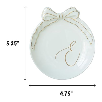 COLLECTIVE HOME Ceramic Jewelry Tray, Monogram Trinket Dish with Bow (E) | Mothers Day Graduation Christmas Birthday Gifts for Women, Bridesmaid Proposal Gifts, Features Real Gold Trim & Gift Box - color: E