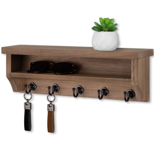 Nekon Key Holder Wall Mount, Wall Organizer Shelf with 5 Key Hooks | Wall Mounted Key Rack Room Decor for Home and Apartment Essentials - color: Brown