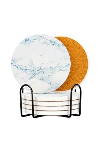Ceramic Drink Coasters Set of 6 with Holder, Absorbent Coasters with Cork Backing for Coffee Table, Surface Protection, Home Decor and Housewarming Gift (Frost White) - color: Frost White
