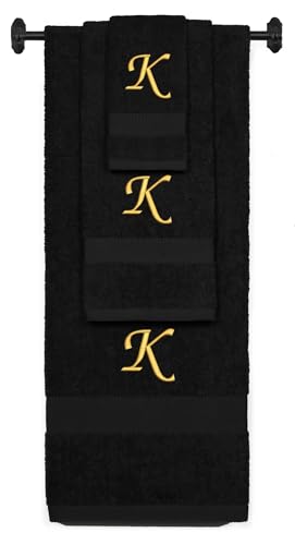 Monogrammed Bath, Hand, Washcloth Cotton Towel Set, Personalized Gift 3Pc-K - color: Black & Gold, size: Initial K