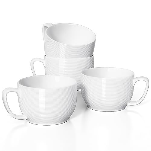 Teocera Soup Mugs with Handles, White Coffee Mugs Set of 4, Large Soup Cups - Striped Design - 24 Ounce Porcelain Jumbo Mugs Bowls for Coffee, Oatmeal, Hot Cocoa, Cereal - color: White