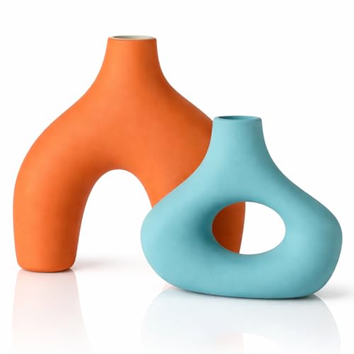 Patelai Set of 2 Mid Century Modern Decor Ceramic Donut Vases, Nordic Boho Round Matte Finish Decor for Home Dining Room Living Room Office Bedroom Shelf(Orange Blue) - color: Orange Blue