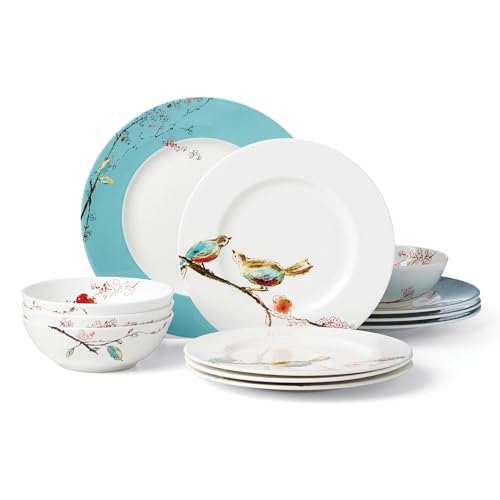 Lenox Chirp Porcelain 12-Piece Dinnerware Set for 4 | ceramic, dishwasher safe, microwave safe | plates and bowls sets for kitchen and dining | 10.75 inch plate - style: 12-Piece Dinnerware Set