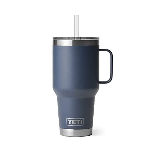 YETI Rambler 35 oz Tumbler with Handle and Straw Lid, Travel Mug Water Tumbler, Vacuum Insulated Cup with Handle, Stainless Steel, Navy - color: Navy, style: 35oz
