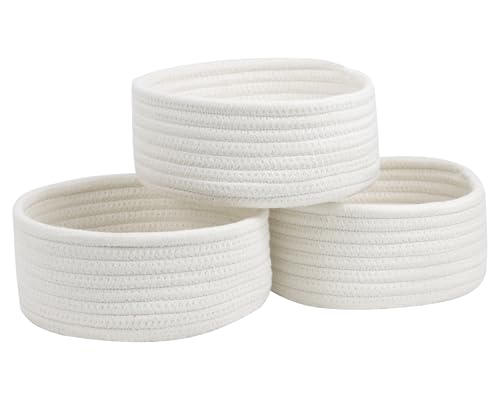 3 Pack Small Woven Cotton Rope Baskets for Organizing, White | Cute Mini Round Basket, Small Storage Baskets for Gift Empty, Decorative Boho Toy Baskets Bins for Nursery, Bathroom, Decor - color: White