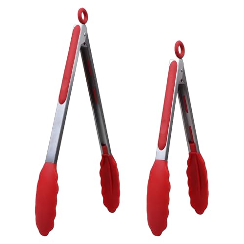 Kitchen Silicone Tongs for Cooking with Non-Slip Silicone Tips, 600°F Heat Resistant Cooking Food Tong Set Heavy Duty Stainless Steel Handle for Baking Grilling BBQ Serving, 2 Pack (9" & 12") - color: Red, size: 2Pcs, 9+12 Inch